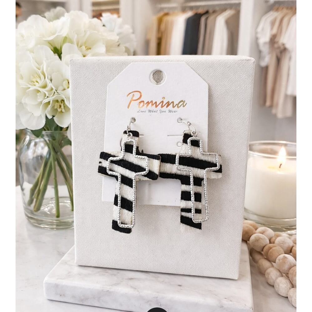 Pomina Zebra Silver Cross Earrings New